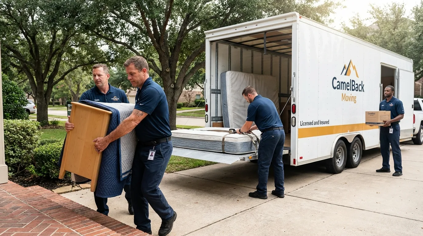 Crew loading residential truck for cross-state move from Burleson, TX