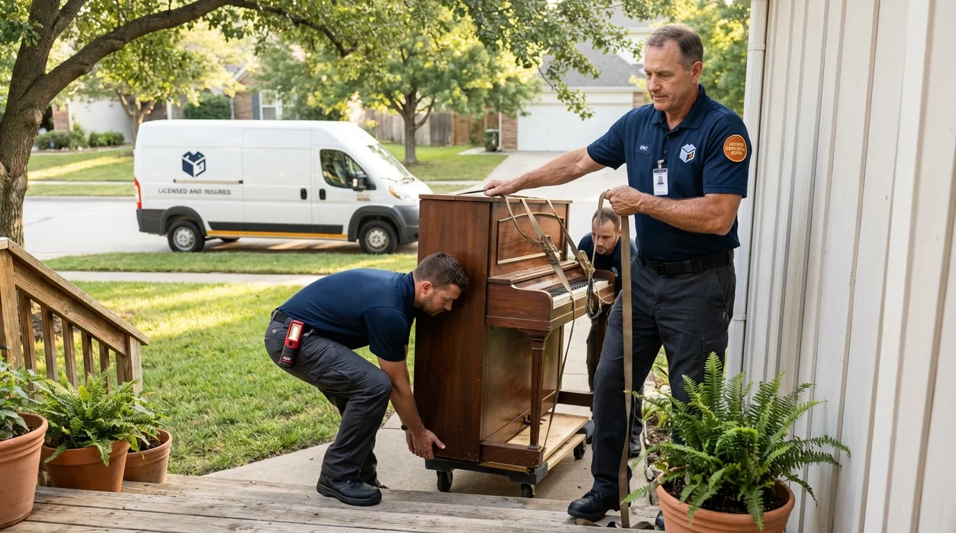 Licensed piano movers securing grand piano in Burleson, TX